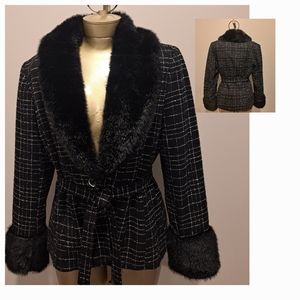 Taiga Vintage Black & White Plaid Fur Accent Collared Jacket